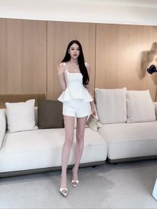 French Style Slim Waist Flared Hem Woven Sleeveless Top and High Waist Shorts Set