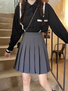 Gray Mid-Length Pleated Skirt Womens Winter Preppy Style Tall Elastic Waist Pantskirt Slim Looking A- line Skirt