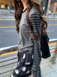 Long Sleeve Retro Dot Stripe Mixed T-shirt