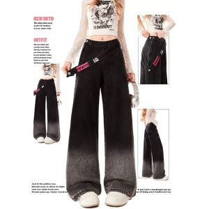 Loose Straight Leg Gradient Color Block Womens Jeans High Waist Zipper Fly Casual Style Winter Fashion plus Size Trousers