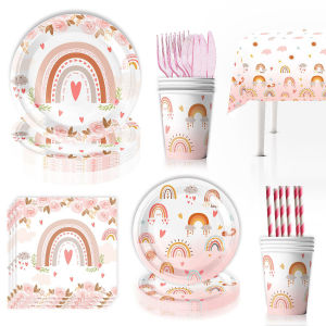 ชุดตกแต่งงานวันเกิดธีมโบฮีเมียนเรนโบว์  จาน ชาม แก้ว ลูกโป่ง ฉากหลัง  สำหรับงานเลี้ยงฉลองทารก ของขวัญสำหรับเด็กผู้ชายและเด็กผู้หญิง