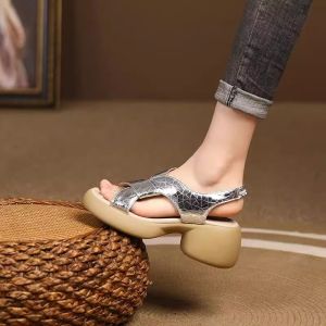 New Summer Flatform Platform Sandals Womens Block Heel Leather Platform Soled Roman Open-toe High Heels