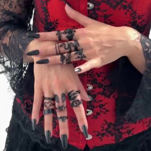 KunJoe 16 Cái/bộ Gothic Nhện Đen Dơi Rắn Mở Nhẫn Cho Nữ Punk Trái Tim Cánh Chéo Knuckle Bộ Trang Sức Retro Halloween Phụ Kiện