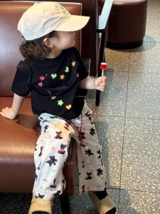 Girls Summer Cotton T-Shirt And Cartoon Pants Casual Cool Fashionable Child Clothing Set Breathable Short Sleeve round Neck