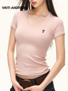 Light Pink V-Neck Short Sleeve Slim Fitting Summer T-Shirt