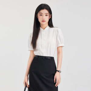 Blue Puff Sleeve Design Sense Commuter Blouse Thin Fabric Stand Collar Short Sleeve