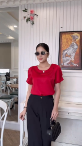 Áo sơ mi nữ kiểu tay ngắn kiểu cổ tròn  phong cách Hàn Quốc dễ phối đồ thanh lịch sang trọng chất liệu MANGO ..