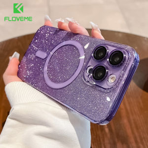 FLOVEME Bling Glitter Gradient Magsafe Clear Phone Case For iPhone 15 14 13 12 11 Pro Max 15 14 Plus Shockproof Wireless Charging With Lens Film Protector Transparent TPU Back Cover For iphone 15 14 13 12 11
