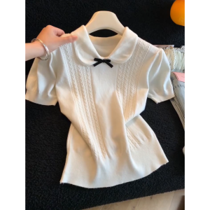 TIANANQI | Korean Style Short Sleeve Knit Top Bow Collar Slimming