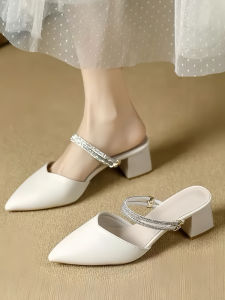 Summer New Fairy Style Womens Sandals Head Cover Half Slippers Soft Leather Shiny Diamond Embellished Two-Way Wear mid Heel