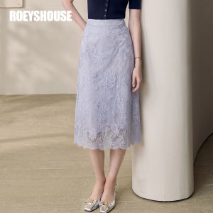 Roey s house | Elegant Office Lavender Lace Embroidery High Waist A-line Midi Skirt