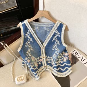 Áo Vest Denim Thêu Hoa Cỡ Lớn Dành Cho Nữ Áo Khoác Ngoài Mùa Hè Áo Khoác Ngoài Cổ Bẻ Tay Dài Bằng Vải Lụa Dệt Kim