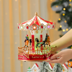 26CM Christmas Rotating Resin Luminous Music Box Ornaments Rotating Small Train Christmas Village House Christmas Gift