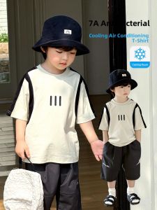 Boys Short Sleeve T-Shirt A-Class Thin Quick Dry Summer Fashionable Clothes Cotton Polyester Blend round Neck Casual Sporty Striped Tops