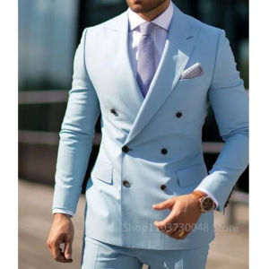 2 Pieces Fashion Solid Mens Business Double Breasted Peak Lapel Suit Coat / Male Wedding Blazers Jacket Pants Set for Party