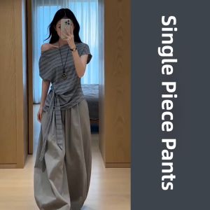 LIRUSHAN | Korean Style Slant Shoulder Striped T-Shirt and Wide Leg Pants Set