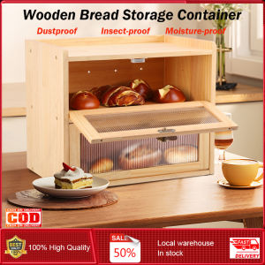 ⭐️【Local warehouse+COD】⭐Bread Box for Kitchen Countertop Wooden Bread Storage Container Bin 2 Layer Breadbox Holder Large Capacity Keeper Vintage Farmhouse Food Organizer Pantry Shelf Acrylic Window