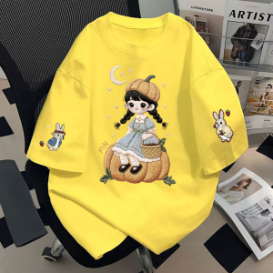 Halloween Limited Edition Embroidered Pumpkin Girl Short Sleeve T Shirt Yellow Summer Loose Cute Girl Trendy Cotton Casual Wear