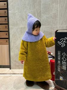 Korean Style Thickened Warm Plush Long Dress for Girls Childrens Autumn Winter Clothes Scarf Integrated Hooded Dress