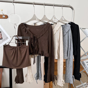 Shoelace Halter Spaghetti Straps Vest Inner Match Tops + Ruffles Long Sleeves Short Cardigan Coat Two-piece Set Female Early Autumn