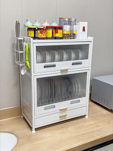 BM ชั้นวางจาน 3ชั้น ตู้เก็บจาน ที่คว่ำจานกันฝุ่นและกันแมลง ความจุขนาดใหญ่ สแตนเลสเคลือบสีดำ ป้องกันฝุ่นแมลง สีดำ-ขาว ที่คว่ำจานชาม