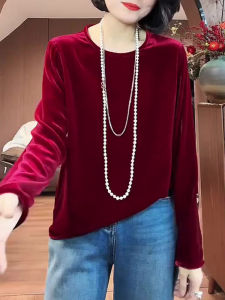 UYFY | Fashionable Mature Style Red Round Neck Velvet Long Sleeve T-shirt