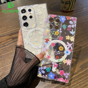 FLOVEME Flower Painted Magsafe Clear Phone Case For Samsung Galaxy S23 S22 S21 Ultra S23+ S22+ S21+ Plus Wireless Charging INS Style Lens Protection Transparent TPU Shockproof Back CoverFor Samusng Note20 Ultra Note20