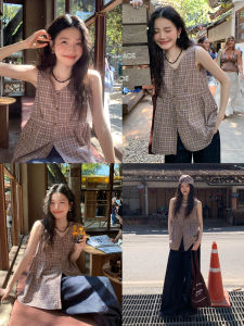 Stylish Vintage Coffee Color Checkered Loose Sleeveless Vest