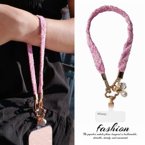 สร้อยข้อมือโทรศัพท์ผูกมือสั้นผ้าถักเนื้อนุ่ม สร้อยคอรูปดอกกุหลาบชาน่ารัก สร้อยคอลูกปัดแข็งแกร่ง