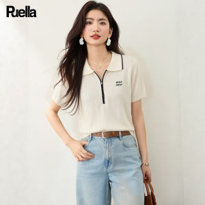 puella | Áo Thun Tay Ngắn Cổ Polo Hàn Quốc Phong Cách Đơn Giản Mở Nửa Thêu