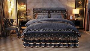 Váy Giường Ren Nhung Pha Lê Mùa Đông Ga Trải Giường Nhung Sữa Chần Bông Dày Dặn Một Chiếc Chăn Ga Gối Ngoại Thương Hot