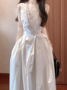 NIUVIES | French Style White Sleeveless Dress Waist Slimming Belted
