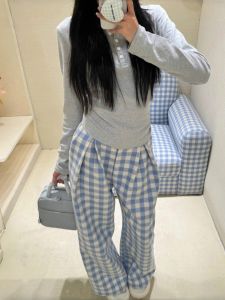 Quần Ống Rộng Kẻ Sọc Thường Ngày Cho Nữ Mùa Xuân Thu 2025 Phong Cách Mới Quần Ống Đứng Rộng Màu Xanh Lam Cỡ Nhỏ