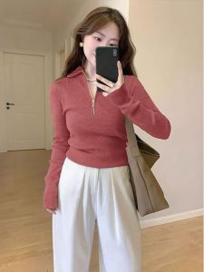 เสื้อชั้นในถักคอเปิดครึ่งตัวสีม่วงชมพู สำหรับผู้หญิง เสื้อชั้นในถักแบบมีซิป เสื้อเชิ้ตทรงเข้ารูป เสื้อเชิ้ตแขนยาว ฤดูใบไม้ร่วง/ฤดูหนาว