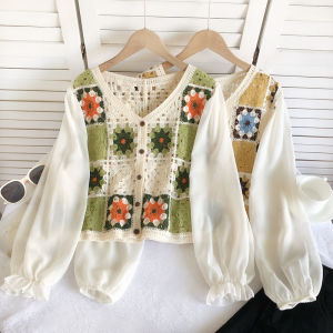 Fashionable All-Matching V-neck Hollow Color-Contrast Check Chiffon Long Sleeve Patchwork Knitting Fake Two Pieces Shirts Top for Women