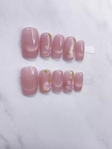 【5in1 Toolkit+HANDMADE】Artificial Nail Blush Cats Eye Daffodil Medium T Phototpy Fake Nail Patch Press on Nails Reusable