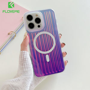 FLOVEME Luxury Gradient Laser Stripe Pattern Clear Phone Case For iphone 14 13 Pro Max Magsafe Wireless Charging Colorful Transparent TPU+PC Hard Shockproof Back Cover For iphone 14 13