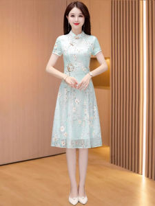 MAIMEI | Young Womens Reformed Cheongsam Dress High Waist A-Line Skirt Short Sleeve Floral Pattern Polyester Blend Summer Fashion