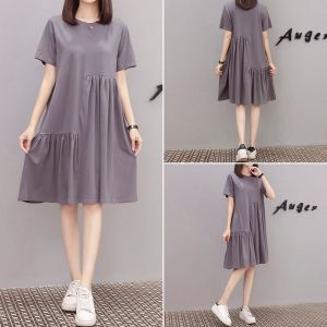 plus Size Summer New Womens Dress Loose Korean Style Short Sleeve Asymmetrical Splicing Belly Covering Slimming Skirt