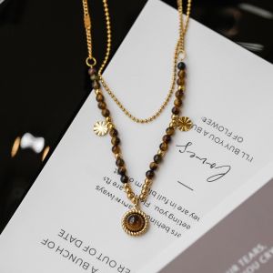 Natural Tiger Eye Double Layer Necklace Womens Gold Plated 18K Vintage French Style Fading Resistance Titanium Steel Chain