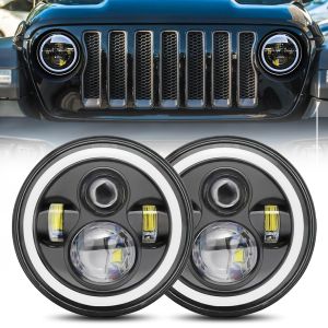 7 inch Round LED Headlight Halo Ring with Hi/Lo Beam Angel Eyes DRL Amber Turn Signal for Offroad Jeep Wrangler JK TJ CJ Moto