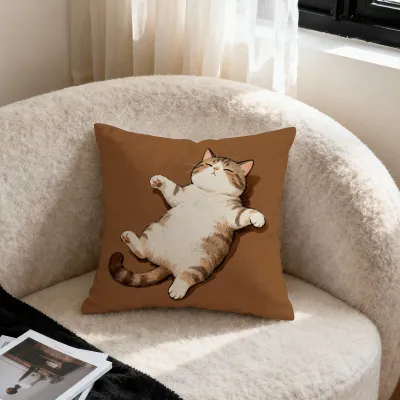 Cute Cartoon Cat Pillow Cover Brown Sofa Chair Backrest Living Room Bed Square Fluffy Material Washable Home Decor Cushion