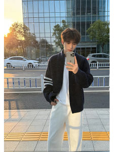Stylish Mandarin Collar Navy Three-Stripe Sweater