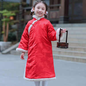 New Year Long Chinese Style Red Dress for Girls Knee-Length Cheongsam Festive Celebration Clothing Childrens Qipao Skirt
