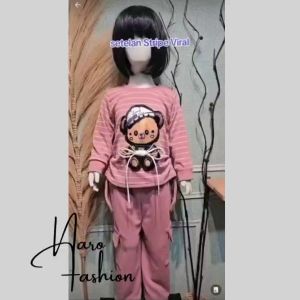 FREE ONGKIR / Setelan anak perempuan terbaru motif salur baby bear Usia 3-10 Tahun set Kulot Celana Cargo Pita tali /One Set tedy bear bahan knit hornet tebal cute korea style