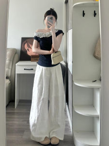 Quần Ống Rộng Vải Lanh Trắng Xếp Ly Dài Thường Ngày Cho Nữ Mùa Hè Quần Dài Ống Rộng Rộng Rãi Thon Gọn