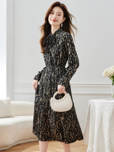 Spring Autumn Womens Long Sleeve Floral Dress Stylish French High Waist A-Line Skirt Butterfly Knot Midi Dress Elegant Commute