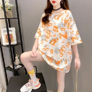 GanLai Women T shirt Letter print short-sleeve T T-shirt Womens Mid-Length New Loose Design Niche Top Fashionable Comfortable Dress