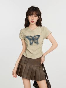 American Retro Butterfly Short Sleeve T-Shirt Women Summer Shoulder Design Slimming Small Crowd Spicy Short Top