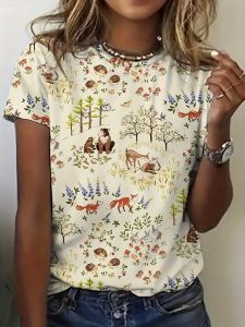 Light Beige Womens Tee - Forest Animal & Floral Pattern Graphic Cute Woodland Critter Design for Casual Daily Wear